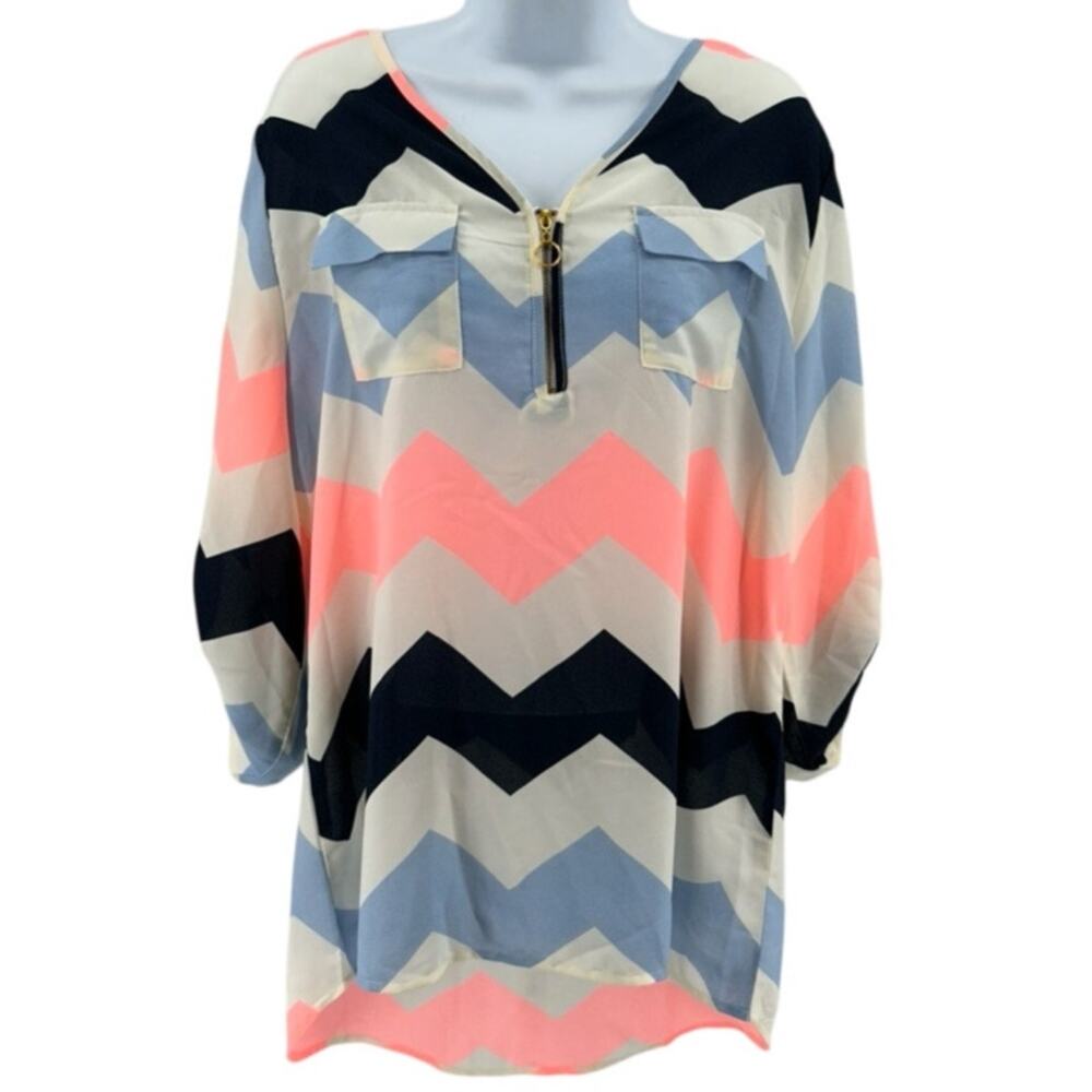 Rue 21 Tunic Top WMNS XL Sheer V-Neck Zip Up White Pink Chevron Roll Tab Sleeves